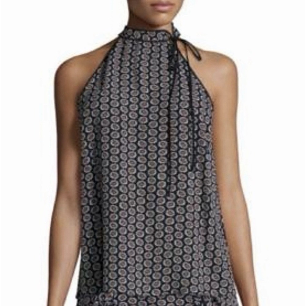 A.L.C. 100% Silk Halter Blouse Black Geometric Floral Print Size 6